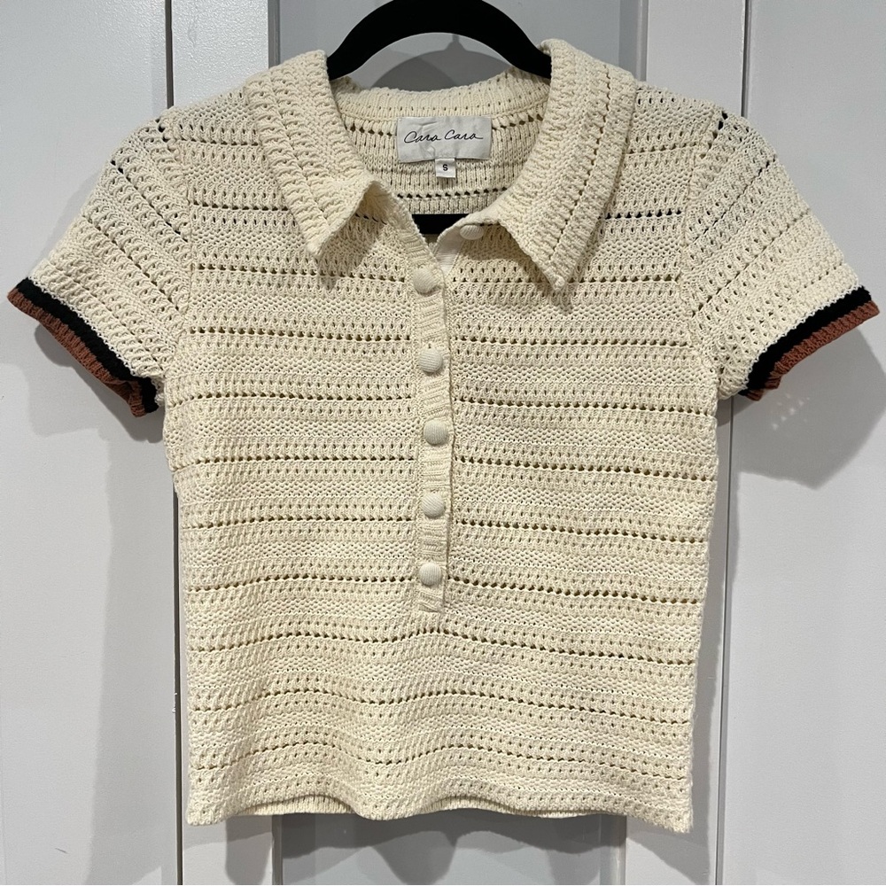 Cara Cara Womens Cropped Beige Cream Button Up Collared Knit Size S Sweater Top